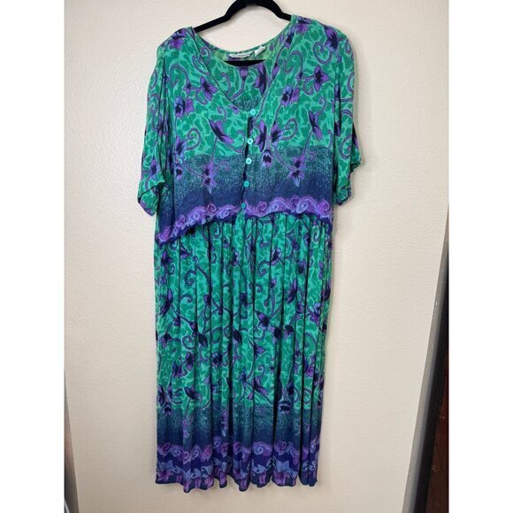 Vintage Plus Class By Just Class Women's Green Dress Size M short sleeve floral - Picture 2 of 7